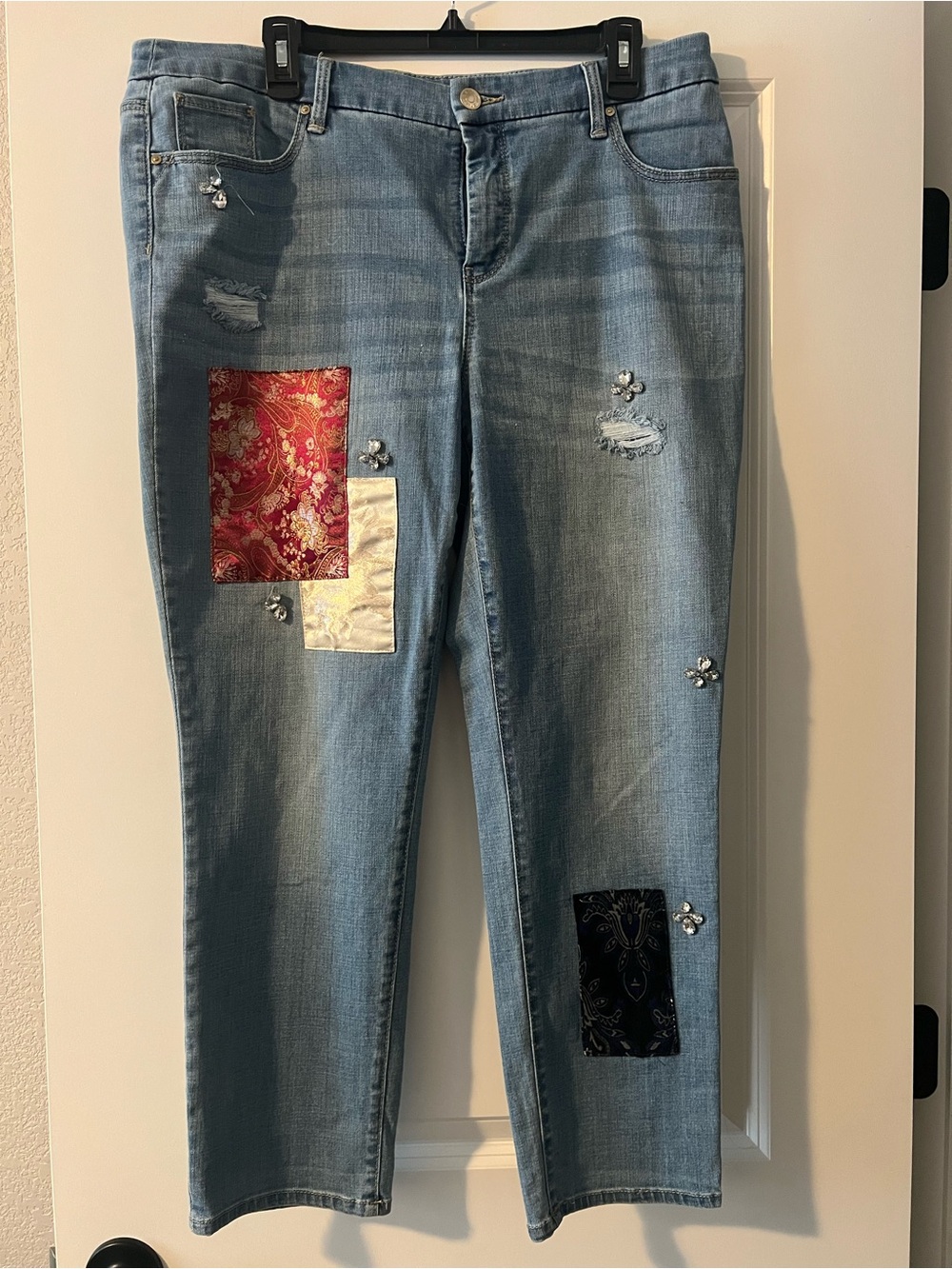Chico's So Slimming Girlfriend Ankle Jeans with Patchwork & Embellishments